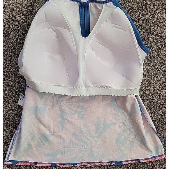 Swim Top Floral 16 DDD Halter Tankini Blue Coral Padded Bra (L) Lands End  S402 - Picture 5 of 6